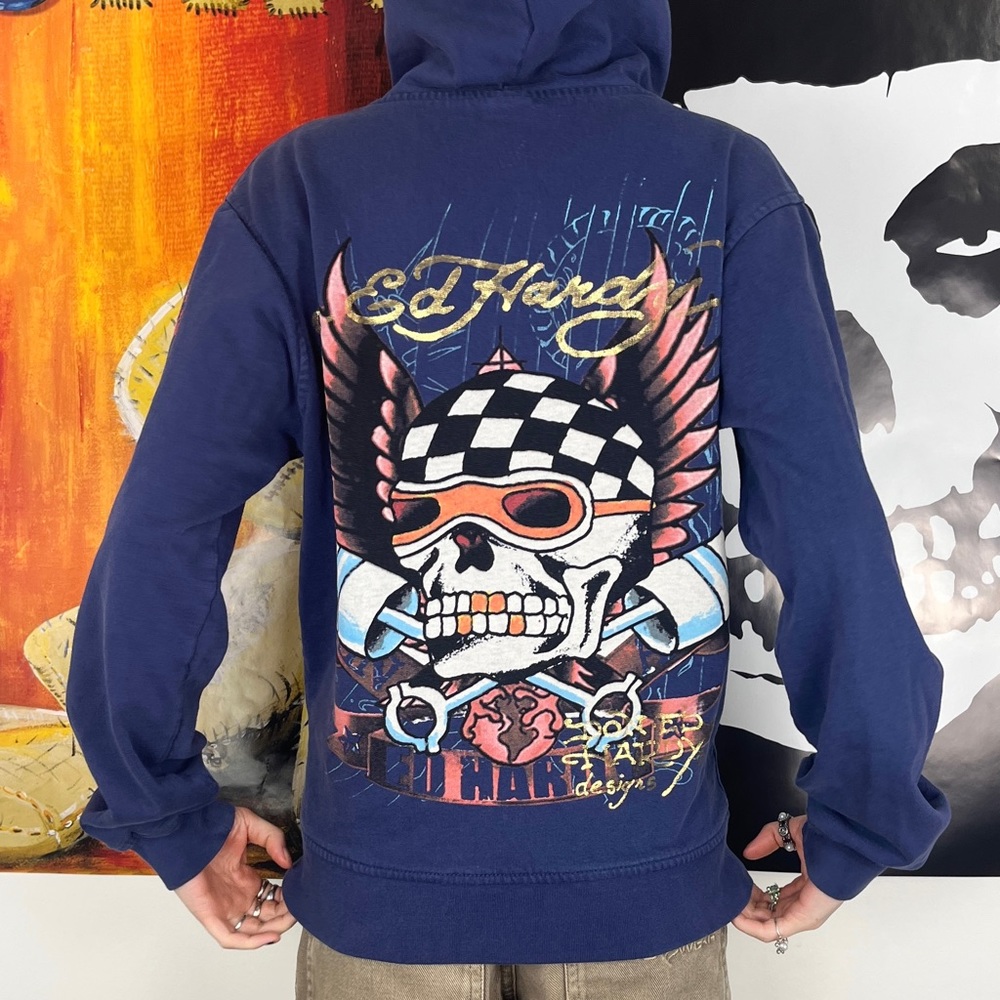 Ed Hardy Skull and Wings Navy Blue Zip-Up Sweater / Boys XL fits Women's XS